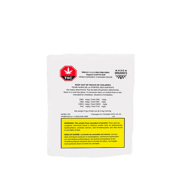 HCBD ORGANICS - Triple C 1:1:1 Cbg:Cbd:Cbdv Organic Craft Pre Roll