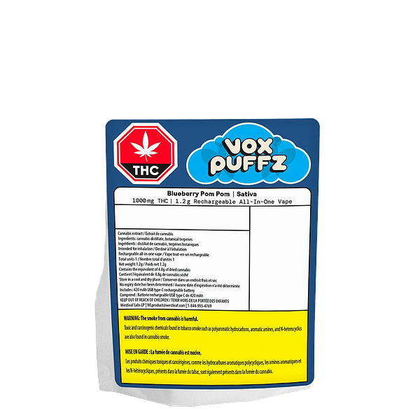 VoxPuffz - Blueberry Pom Pom Rechargeable All In One Vape 1000 Thc