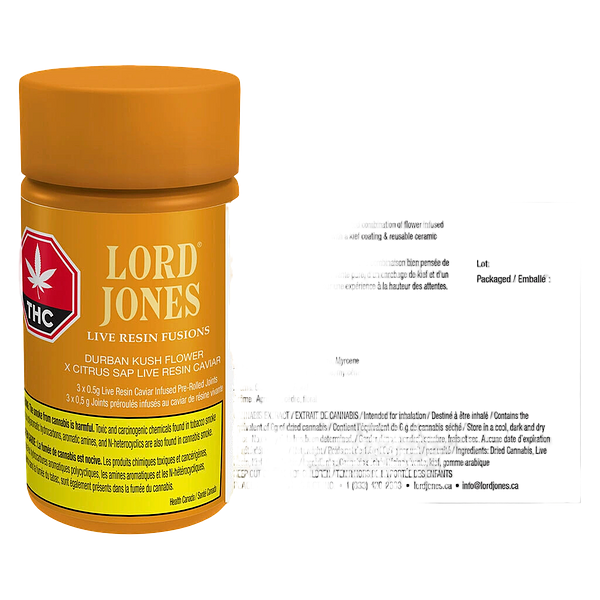 Lord Jones - Durban Kush X Citrus Sap Live Resin Fusions Infused Pre Roll