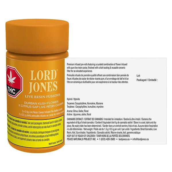 Lord Jones - Durban Kush X Citrus Sap Live Resin Fusions Infused Pre Roll image 3
